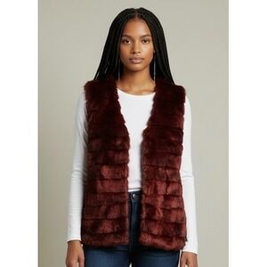 May & July Faux Fur Vest Women's Small Burgundy Tiered Open Front
